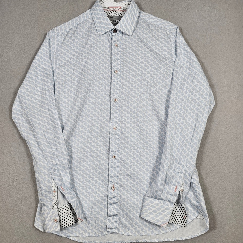 Ted Baker London Mens Geometric Print Button Down Shirt Blue White Size 3
